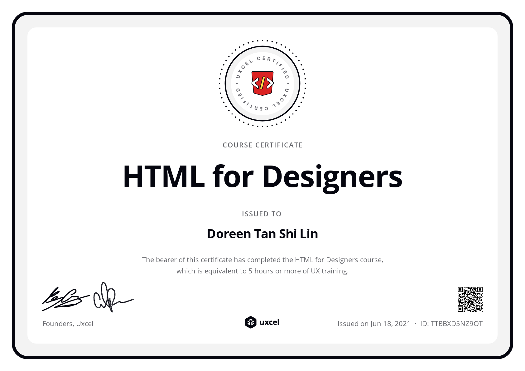 Doreen Tan Shi Lin's certificate